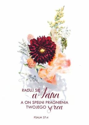 Kartka - Raduj się w Panu... - kwiat bordo. Wydawca: Koinonia. SmakLiter.pl Opakowanie Kartka - Raduj się w Panu... - kwiat bordo