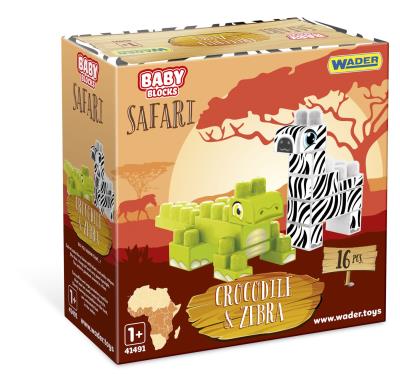 Baby Blocks Safari krokodyl i zebra 16 elementów. Wydawca: Wader. SmakLiter.pl Opakowanie Baby Blocks Safari krokodyl i zebra 16 elementów