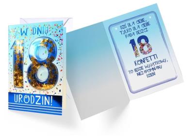 Karnet B6 konfetti KNF-019 Urodziny 18 (niebieski). Wydawca: Kukartka. SmakLiter.pl Opakowanie Karnet B6 konfetti KNF-019 Urodziny 18 (niebieski)