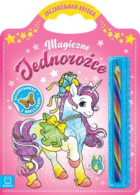Magiczne jednorożce. Kolorowanka z naklejkami. Zaczarowana kredka. Autor: Sylwia Kajdana. SmakLiter.pl Okładka książki Magiczne jednorożce. Kolorowanka z naklejkami. Zaczarowana kredka