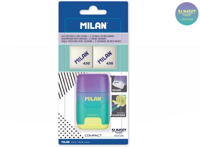 Opakowanie Temperówko z gumką Milan fioletowo-zielono-żółta, 2 gumki 430, COMPACT SUNSET na blistrze