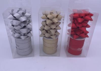 Opakowanie Zestaw wstążka brokatowa 1cm x 10m + 3 rozetki 6cm. Czerwony