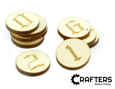 Znaczniki drewniane okgrągłe cyfry 22x3mm 10szt. Wydawca: Crafters. SmakLiter.pl Opakowanie Znaczniki drewniane okgrągłe cyfry 22x3mm 10szt
