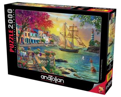 Puzzle 2000 Zachód słońca w porcie. Wydawca: Anatolian. SmakLiter.pl Opakowanie Puzzle 2000 Zachód słońca w porcie