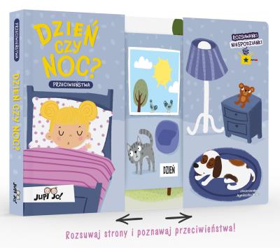 Rozsuwanki-niespodzianki. Dzień czy noc?. Autor: Magdalena Młodnicka (tekst); Paulina Koniuk-Fonżychowska (ilustracje), Agnieszka Matz. SmakLiter.pl Okładka książki Rozsuwanki-niespodzianki. Dzień czy noc?