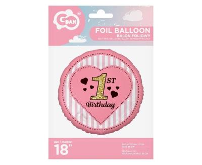 Opakowanie Balon foliowy 1st Birthday, różowy 45 cm