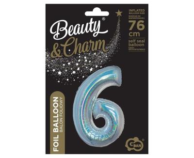 Opakowanie Balon foliowy B&C cyfra 6 holograficz srebrna 76cm