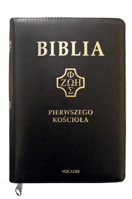 Okładka książki Biblia pierwszego Kościoła czarna z paginatorami