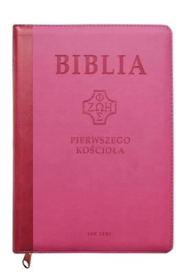 Okładka książki Biblia pierwszego Kościoła różowa z paginatorami