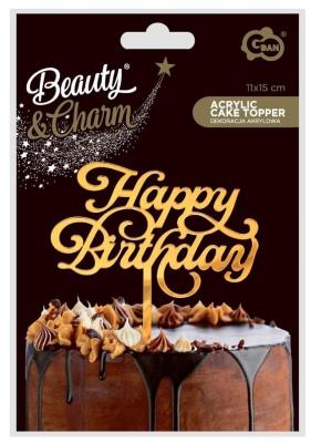 Opakowanie Dekoracja akrylowa na tort Happy Birthday złota