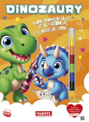 Dinozaury. Kolorowanka z kredką i naklejkami. Autor: Katarzyna Salamon. SmakLiter.pl Okładka książki Dinozaury. Kolorowanka z kredką i naklejkami
