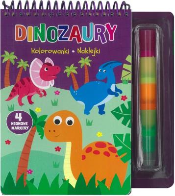 Dinozaury. Kolorowanki, naklejki, 4 neonowe markery. Autor:   Praca zbiorowa. SmakLiter.pl Okładka książki Dinozaury. Kolorowanki, naklejki, 4 neonowe markery