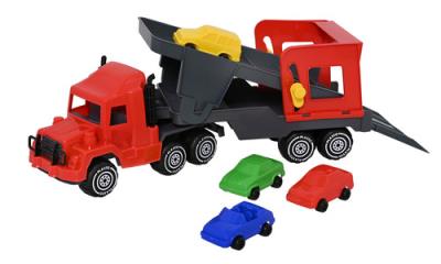 Okładka książki Duża laweta z czterema samochodami, 47 cm. Wysoka jakość.