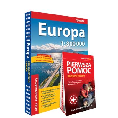Okładka książki Europa atlas samochodowy 1:800 000 + Pierwsza pomoc - krok po kroku - ilustrowana instrukcja