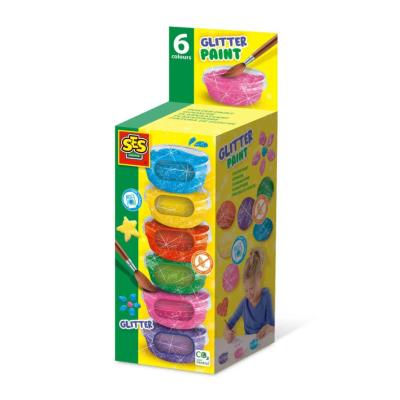 Farby plakatowe z brokatem 6 kolorów. Wydawca: SES Creative. SmakLiter.pl Opakowanie Farby plakatowe z brokatem 6 kolorów