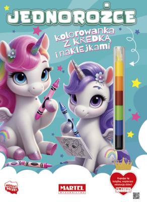 Jednorożce. Kolorowanka z kredką i naklejkami. Autor: Katarzyna Salamon. SmakLiter.pl Okładka książki Jednorożce. Kolorowanka z kredką i naklejkami