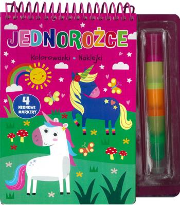 Jednorożce. Kolorowanki, naklejki, 4 neonowe markery. Autor:   Praca zbiorowa. SmakLiter.pl Okładka książki Jednorożce. Kolorowanki, naklejki, 4 neonowe markery