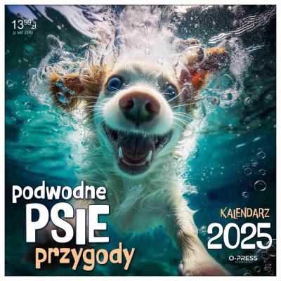 Kalendarz 2025 Ścienny Podwodne Psie Przygody. Wydawca: O-press. SmakLiter.pl Opakowanie Kalendarz 2025 Ścienny Podwodne Psie Przygody
