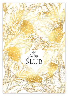 Opakowanie Karnet B6 ślub złote liście pionowy z kieszonką