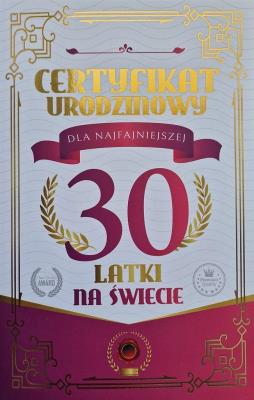 Opakowanie Karnet Certyfikat Urodzinowy 30 urodziny damskie