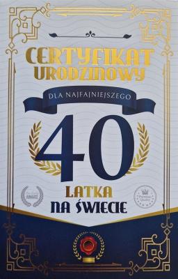 Opakowanie Karnet Certyfikat Urodzinowy 40 urodziny męskie