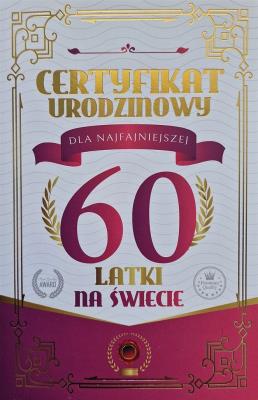 Opakowanie Karnet Certyfikat Urodzinowy 60 urodziny damskie