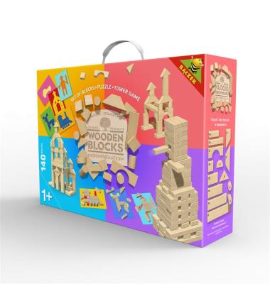 Klocki drewniane 140el. Wydawca: Baczek. SmakLiter.pl Opakowanie Klocki drewniane 140el