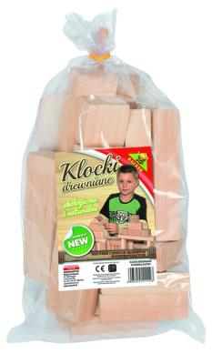 Klocki drewniane w worku małym. Wydawca: Baczek. SmakLiter.pl Opakowanie Klocki drewniane w worku małym