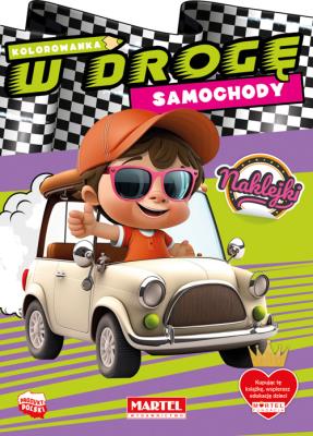 Kolorowanka Samochody z naklejkami. W drogę. Autor: Katarzyna Salamon. SmakLiter.pl Okładka książki Kolorowanka Samochody z naklejkami. W drogę