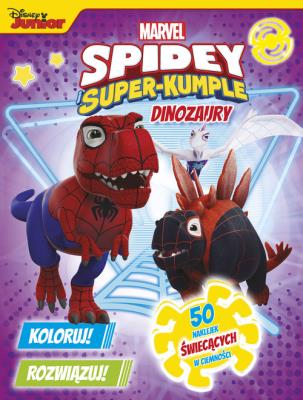 Okładka książki Koloruj! Rozwiązuj! 50 naklejek świecących w ciemności. Dinozaury. Marvel Spidey i Super-kumple