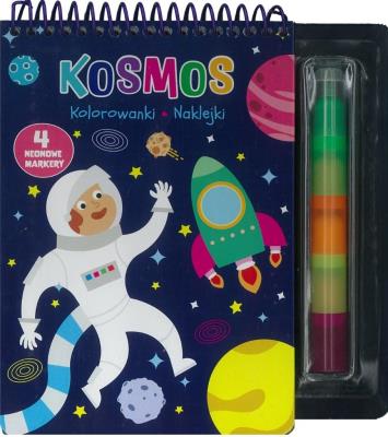 Kosmos. Kolorowanki, naklejki, 4 neonowe markery. Autor:   Praca zbiorowa. SmakLiter.pl Okładka książki Kosmos. Kolorowanki, naklejki, 4 neonowe markery