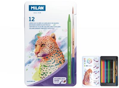 Opakowanie Kredki bezdrzewne akwarelowe 12 kolorów + pędzelek w metalowym opakowaniu