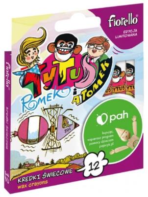 Kredki świecowe Tytus 12 kolorów FIORELLO. Wydawca: Fiorello. SmakLiter.pl Opakowanie Kredki świecowe Tytus 12 kolorów FIORELLO