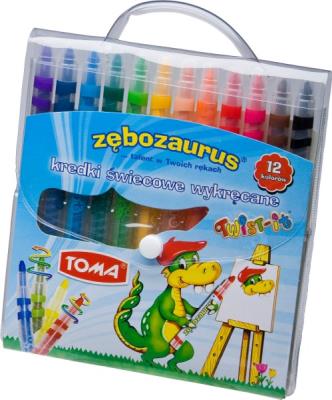 Kredki świecowe wykręcane Twist-it Zębozaurus 12 kolorów. Wydawca: TOMA. SmakLiter.pl Opakowanie Kredki świecowe wykręcane Twist-it Zębozaurus 12 kolorów