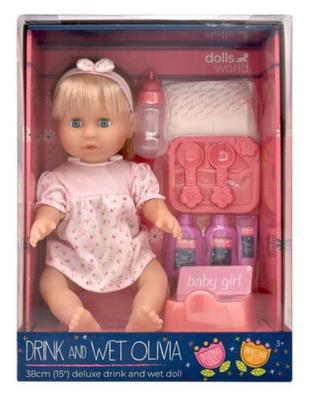 Lalka Olivia pijąca i sikająca 38 cm. Wydawca: Dolls World. SmakLiter.pl Opakowanie Lalka Olivia pijąca i sikająca 38 cm