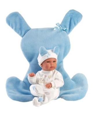 Lalka winylowa bobas Bimbo z niebieską podusią35cm. Wydawca: Llorens. SmakLiter.pl Opakowanie Lalka winylowa bobas Bimbo z niebieską podusią35cm