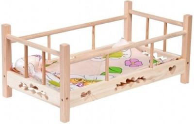 Łóżeczko drewniane dla lalki z pościelą MIX. Wydawca: MALIMAS. SmakLiter.pl Opakowanie Łóżeczko drewniane dla lalki z pościelą MIX