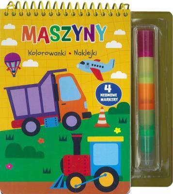 Maszyny. Kolorowanki, naklejki, 4 neonowe markery. Autor:   Praca zbiorowa. SmakLiter.pl Okładka książki Maszyny. Kolorowanki, naklejki, 4 neonowe markery