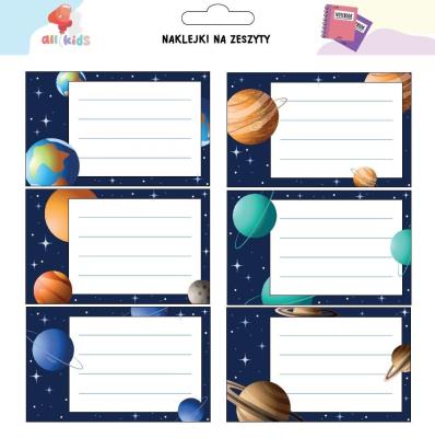 Naklejki na szafkę i zeszyt Kosmos. Wydawca: All4Kids. SmakLiter.pl Opakowanie Naklejki na szafkę i zeszyt Kosmos
