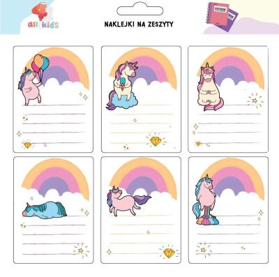 Naklejki na szafkę i zeszyt Tęczowe jednorożce. Wydawca: All4Kids. SmakLiter.pl Opakowanie Naklejki na szafkę i zeszyt Tęczowe jednorożce