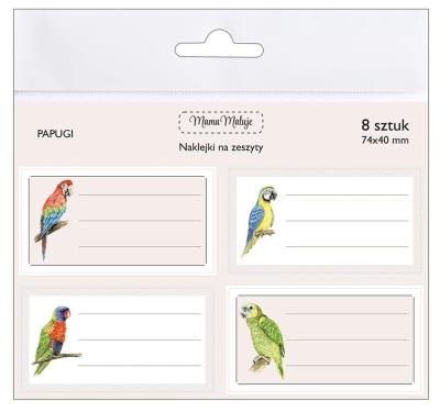 Naklejki na zeszyty Papugi. Wydawca: Mama Maluje. SmakLiter.pl Opakowanie Naklejki na zeszyty Papugi