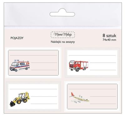 Naklejki na zeszyty Pojazdy. Wydawca: Mama Maluje. SmakLiter.pl Opakowanie Naklejki na zeszyty Pojazdy