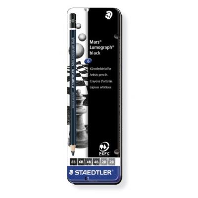 Opakowanie Ołówek black sześciokątny Staedtler Mars Lumograph 6 sztuk, 4 grubości, w metalowym opakowaniu