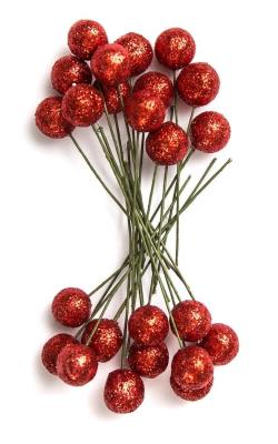 Opakowanie Owoce ostrokrzewu 1,2cm - czerwone brokat 24cm