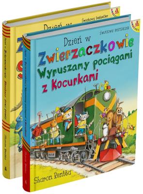 Pakiet Dzień w Zwierzaczkowie Wyruszamy pociągami z Kocurkami / Strażacy przy pracy. Autor: Rentta Sharon. SmakLiter.pl Okładka książki Pakiet Dzień w Zwierzaczkowie Wyruszamy pociągami z Kocurkami / Strażacy przy pracy