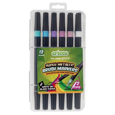 Pisaki pędzelkowe metaliczne dwustronne 12 kolorów. Wydawca: Cricco. SmakLiter.pl Opakowanie Pisaki pędzelkowe metaliczne dwustronne 12 kolorów