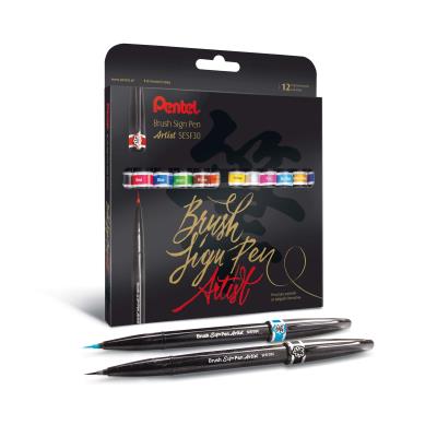Opakowanie Precyzyjny pędzelek do kaligrafii  SESF30, mix 12 kolorów opakowanych w elegancki kartonik.