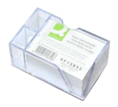 Przybornik na biurko z białymi karteczkami. Wydawca: Q-CONNECT. SmakLiter.pl Opakowanie Przybornik na biurko z białymi karteczkami