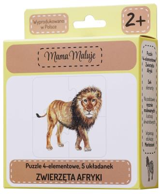 Puzzle 4-elementowe Zwierzęta Afryki. Wydawca: Mama Maluje. SmakLiter.pl Opakowanie Puzzle 4-elementowe Zwierzęta Afryki