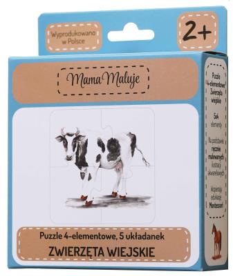 Puzzle 4-elementowe Zwierzęta wiejskie. Wydawca: Mama Maluje. SmakLiter.pl Opakowanie Puzzle 4-elementowe Zwierzęta wiejskie